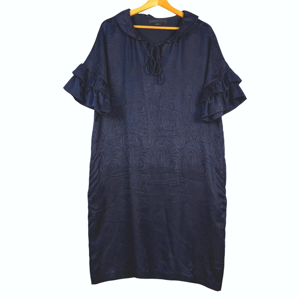 Worth NY 100% Silk Ruffle Sleeve Midi Dress M Navy Jacquard Luxe Cocktail Chic